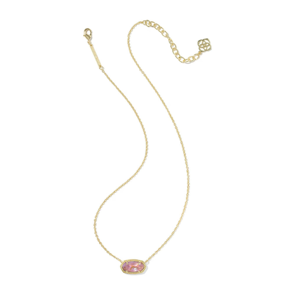 Gold necklace with a pink pendant on a white background