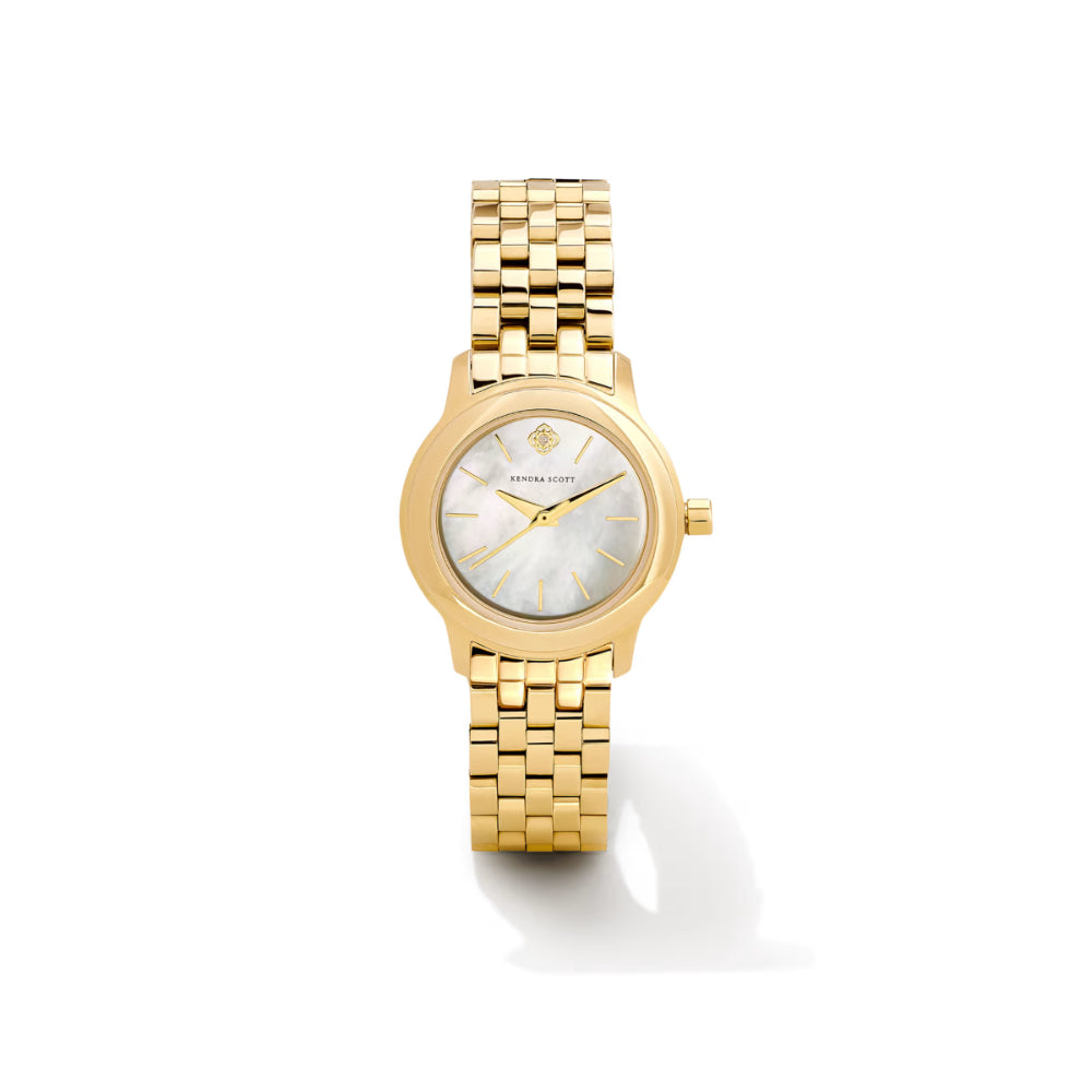 A gold-tone wristwatch with a round mother-of-pearl dial and a matching gold-tone link bracelet, shown on a clean white background with a soft shadow.