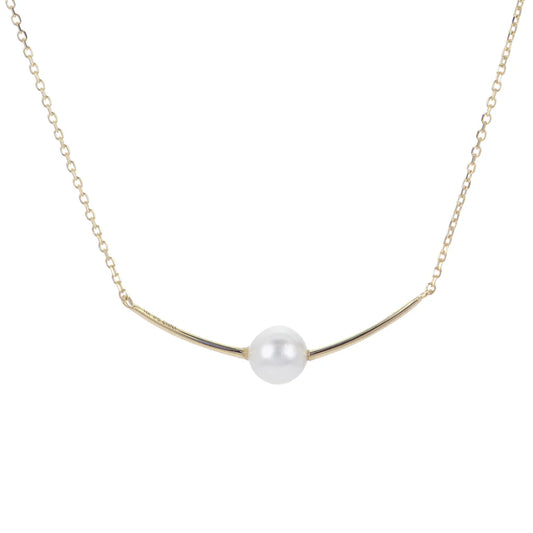 14k Gold Freshwater Pearl Curved Bar Pendant Necklace