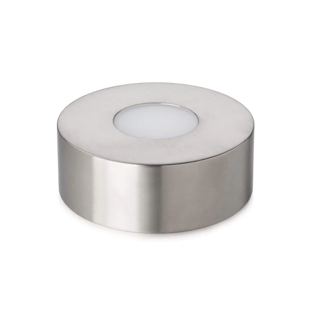 A large circular LED illumination base with a flat base and a central LED light, in a silver finish.