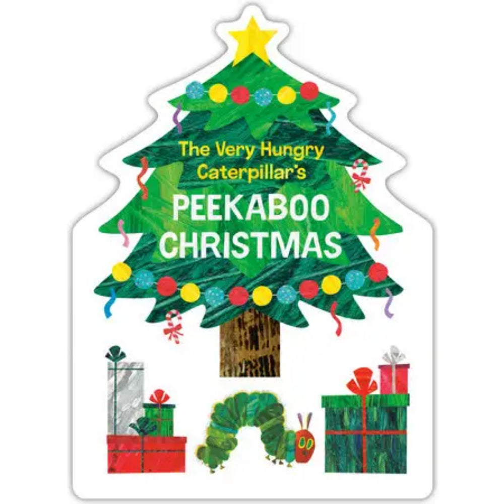 Book cover of 'The Very Hungry Caterpillar's Peekaboo Christmas' with a Christmas tree design.