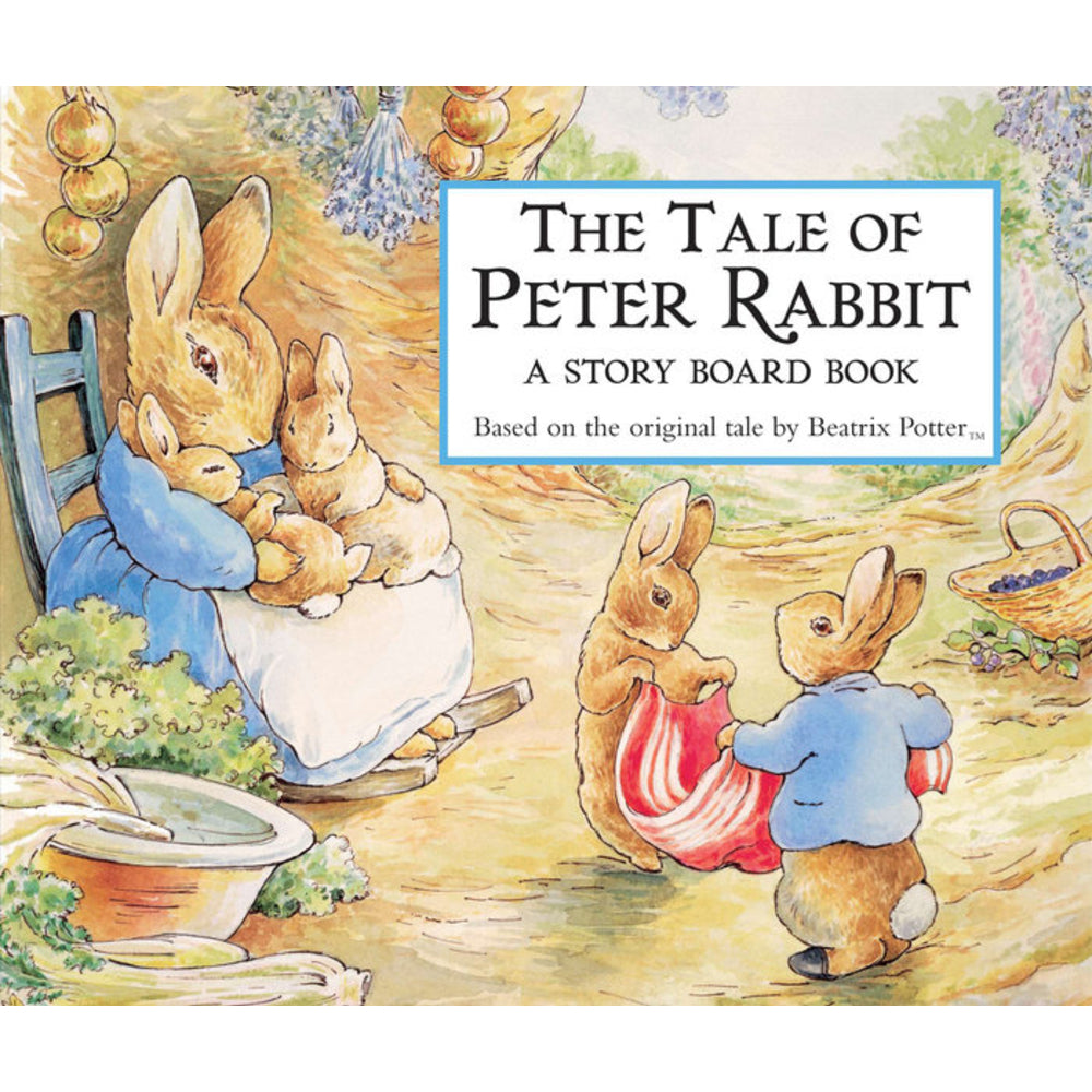 Storyboard book cover featuring illustrations of rabbits in a garden setting, inspired by Beatrix Potter's 'The Tale of Peter Rabbit'.