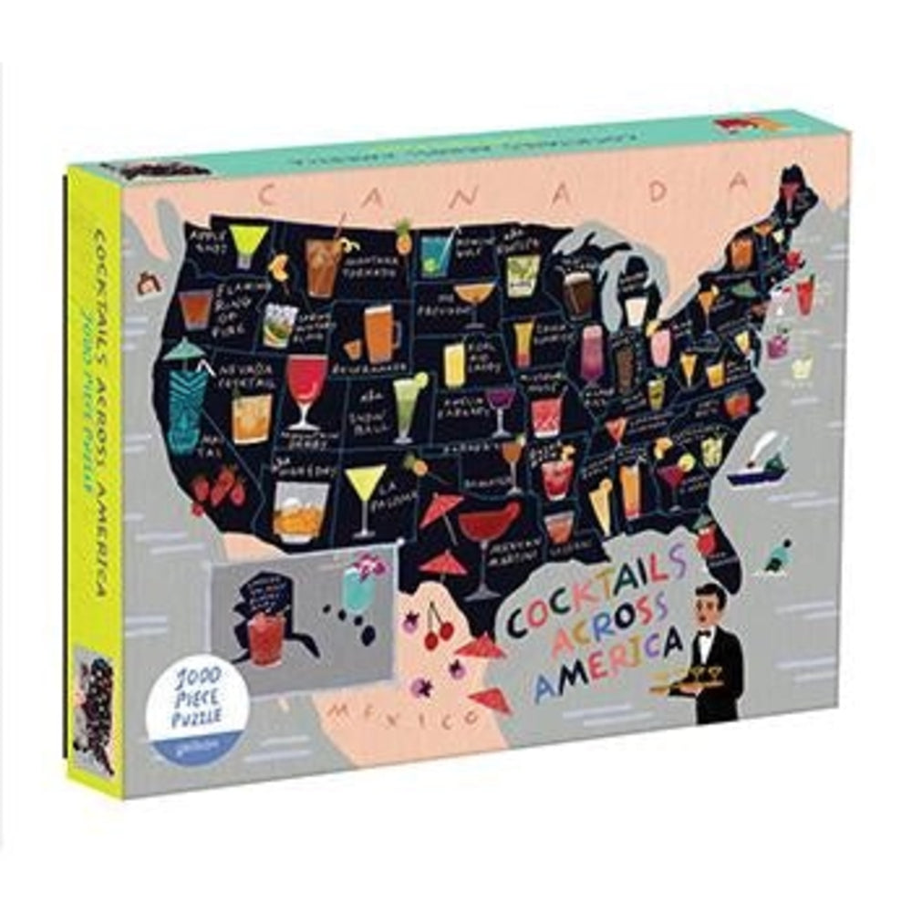 Puzzle box featuring a map of the United States with cocktail illustrations and text 'Cocktails Across America'.