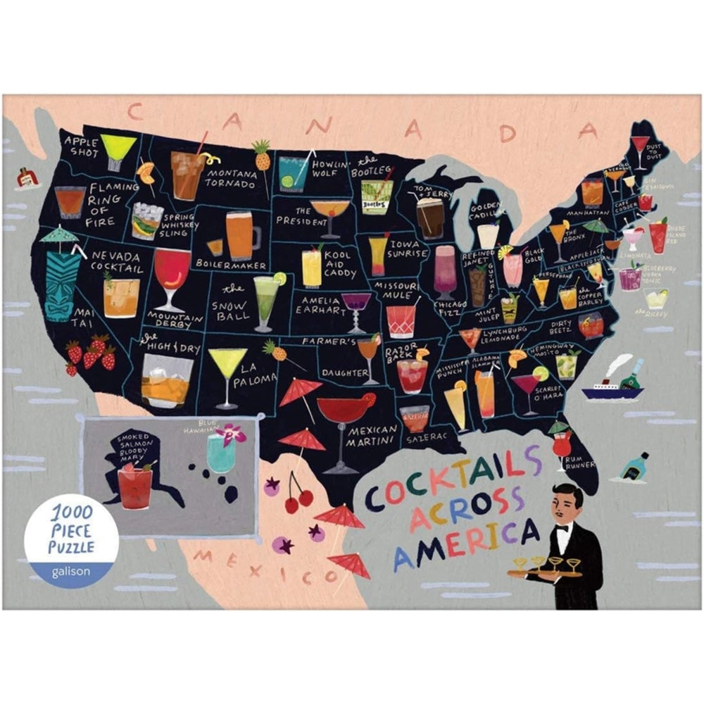 Map of the United States with cocktails illustrated on it, labeled 'Cocktails Across America'.