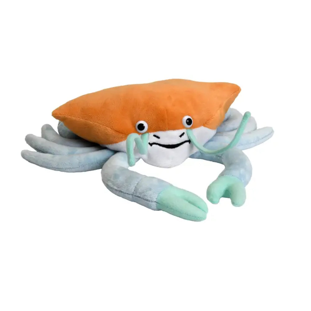 Plush crab toy with orange shell and gray legs on a white background