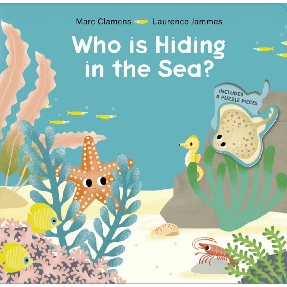 Book cover of 'Who is Hiding in the Sea?' with underwater scene and puzzle piece.