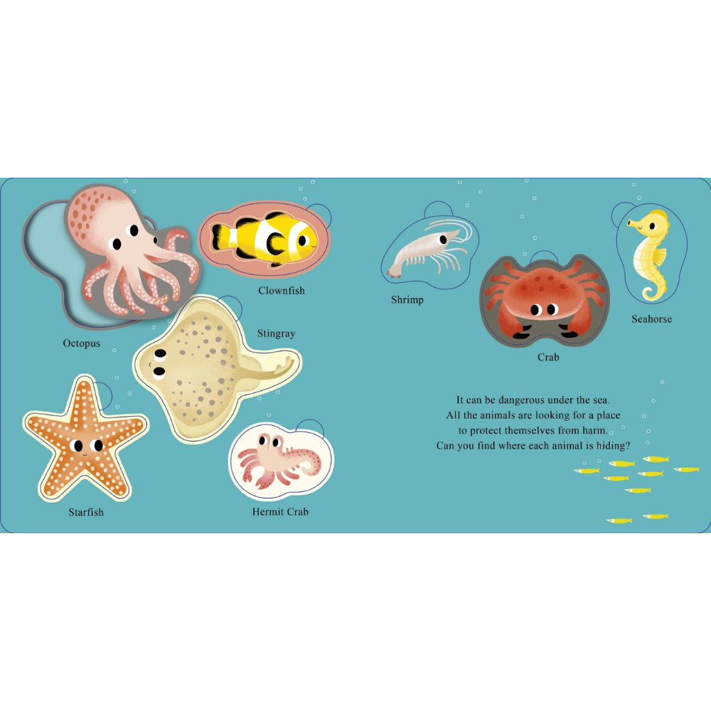 Educational children's book page with illustrations of sea animals and text.