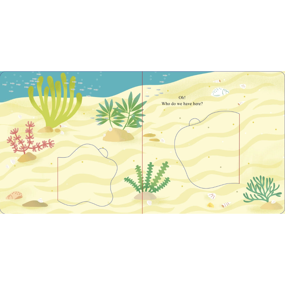 Illustrated pages of a children's book with underwater scene and question text.