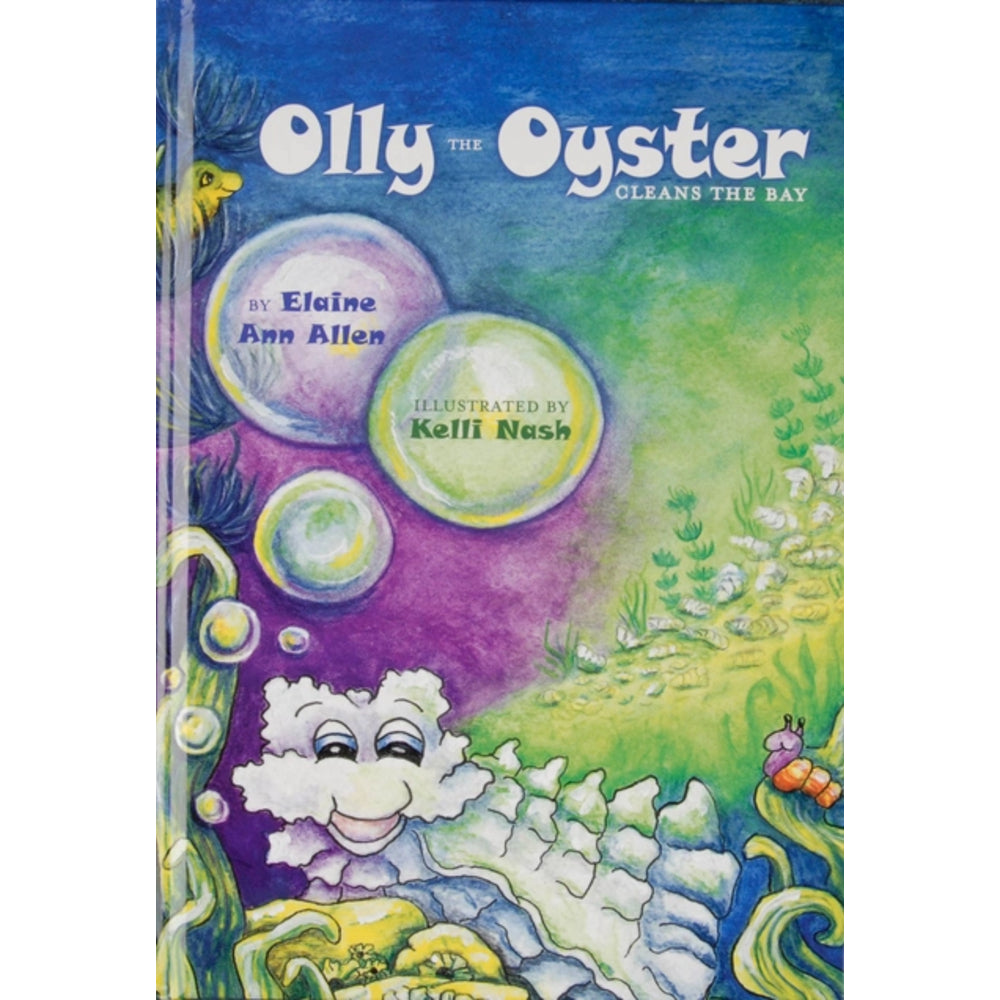 Book cover of 'Olly the Oyster Cleans the Bay' with underwater scene and character illustration.