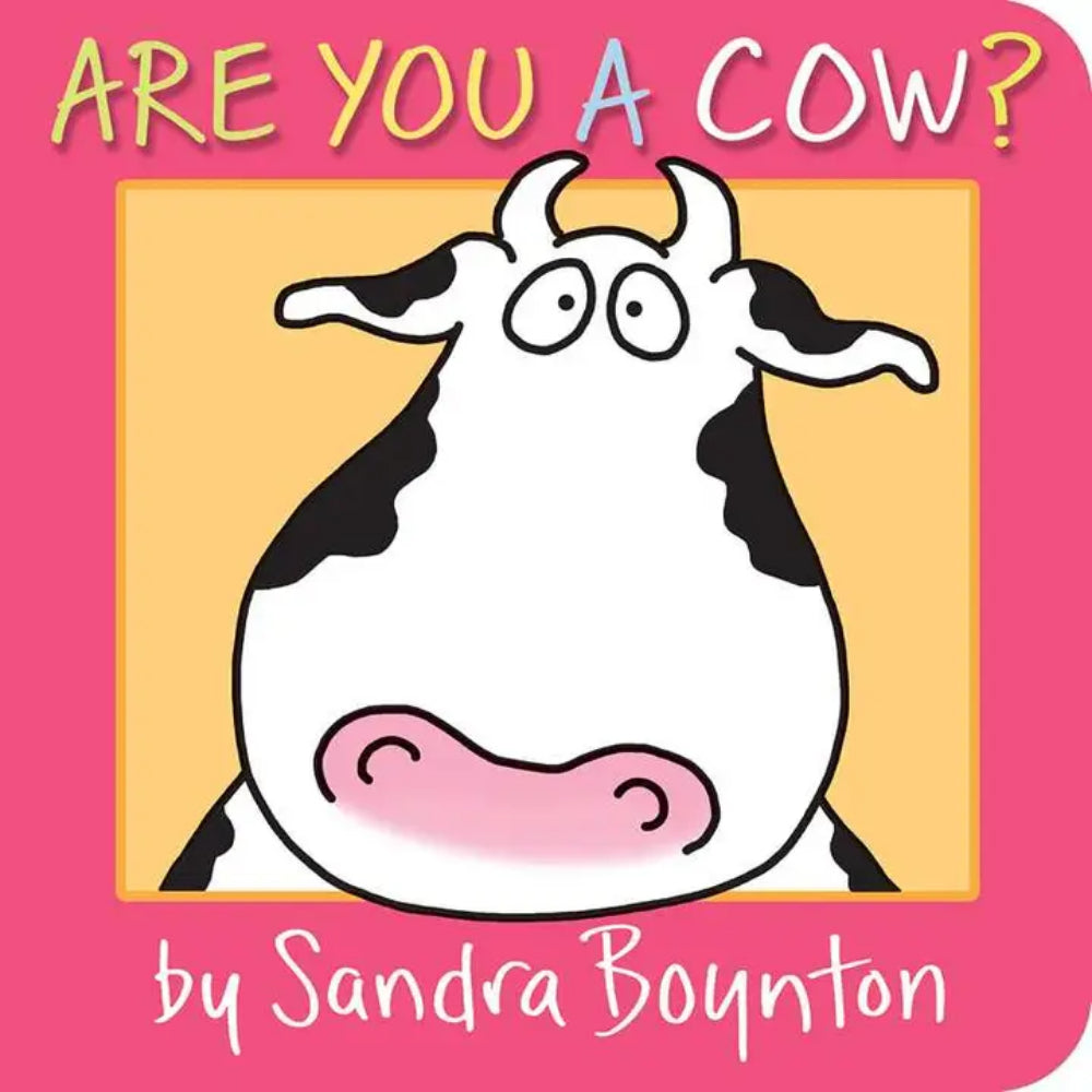 Book cover of 'Are You a Cow?' by Sandra Boynton with a cartoon cow illustration on a pink background.