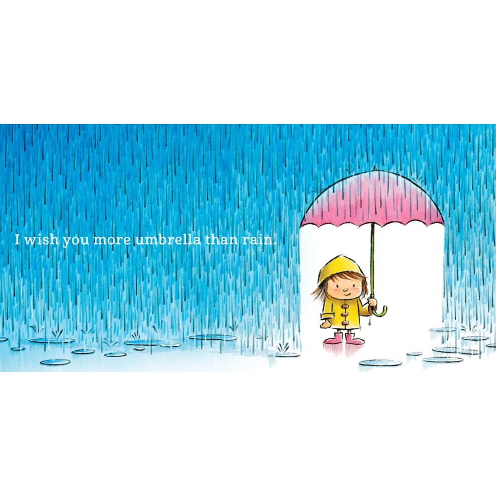 Cartoon child holding a pink umbrella in a rain shower with text 'I wish you more umbrella than rain'.
