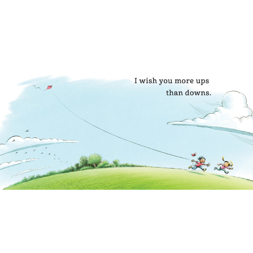 Cartoon of two children flying a kite on a grassy hill with a blue sky.