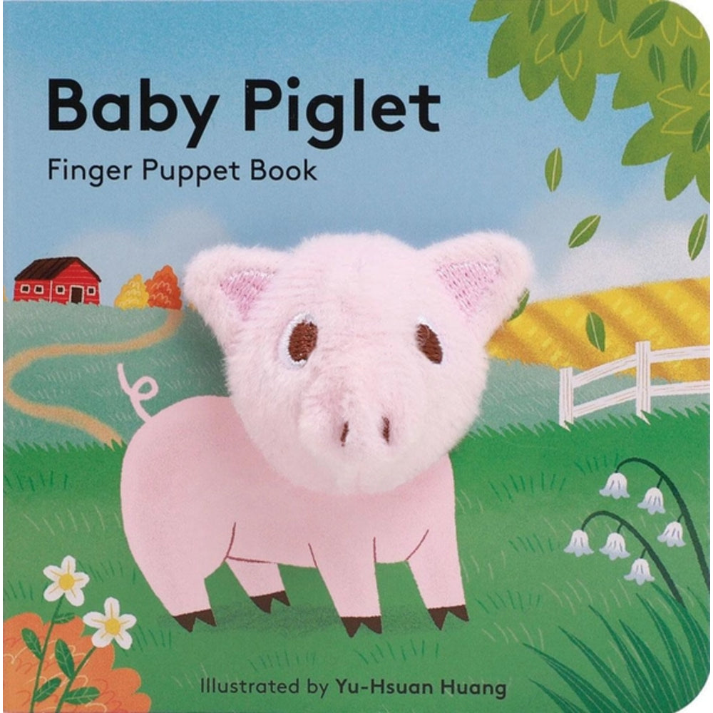 Book cover of 'Baby Piglet' finger puppet book with a pink pig puppet on a farm background.