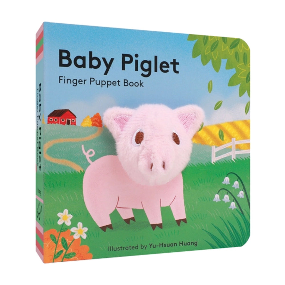 Finger puppet book cover with a pink piglet on a green background