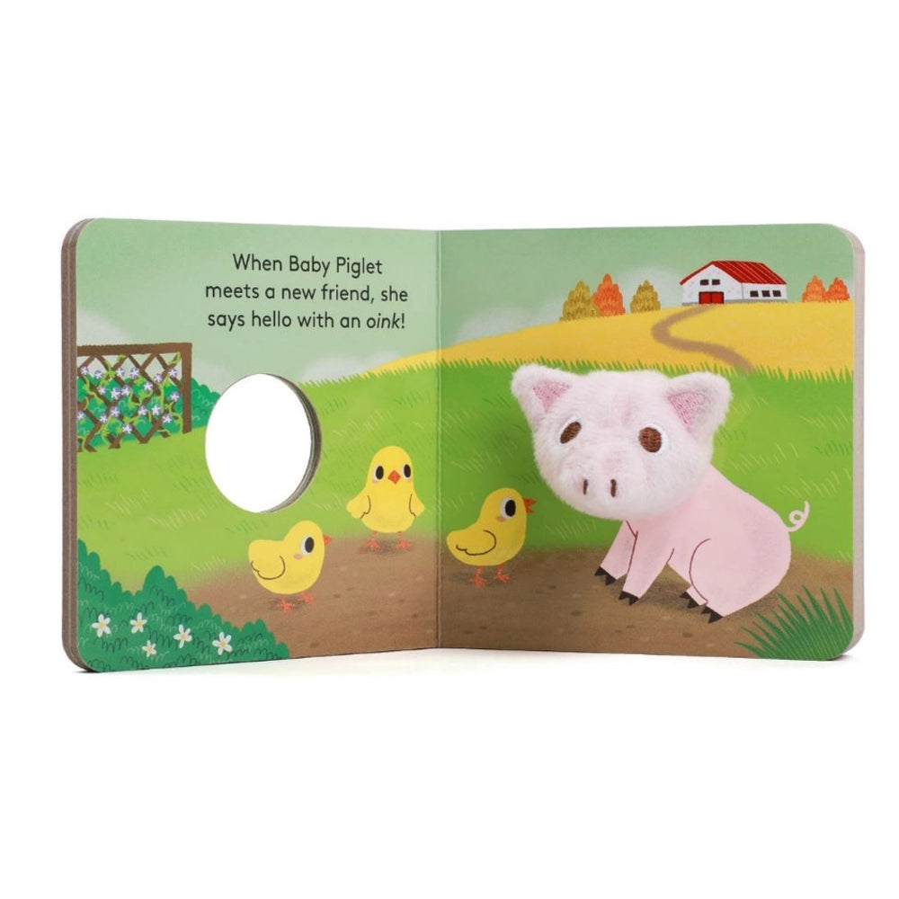 Children's book page with a piglet and chicks on a green background