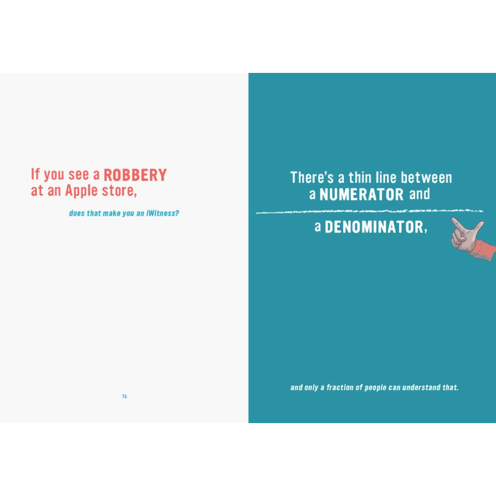 Two text excerpts on a white background with a blue square containing a hand pointing.