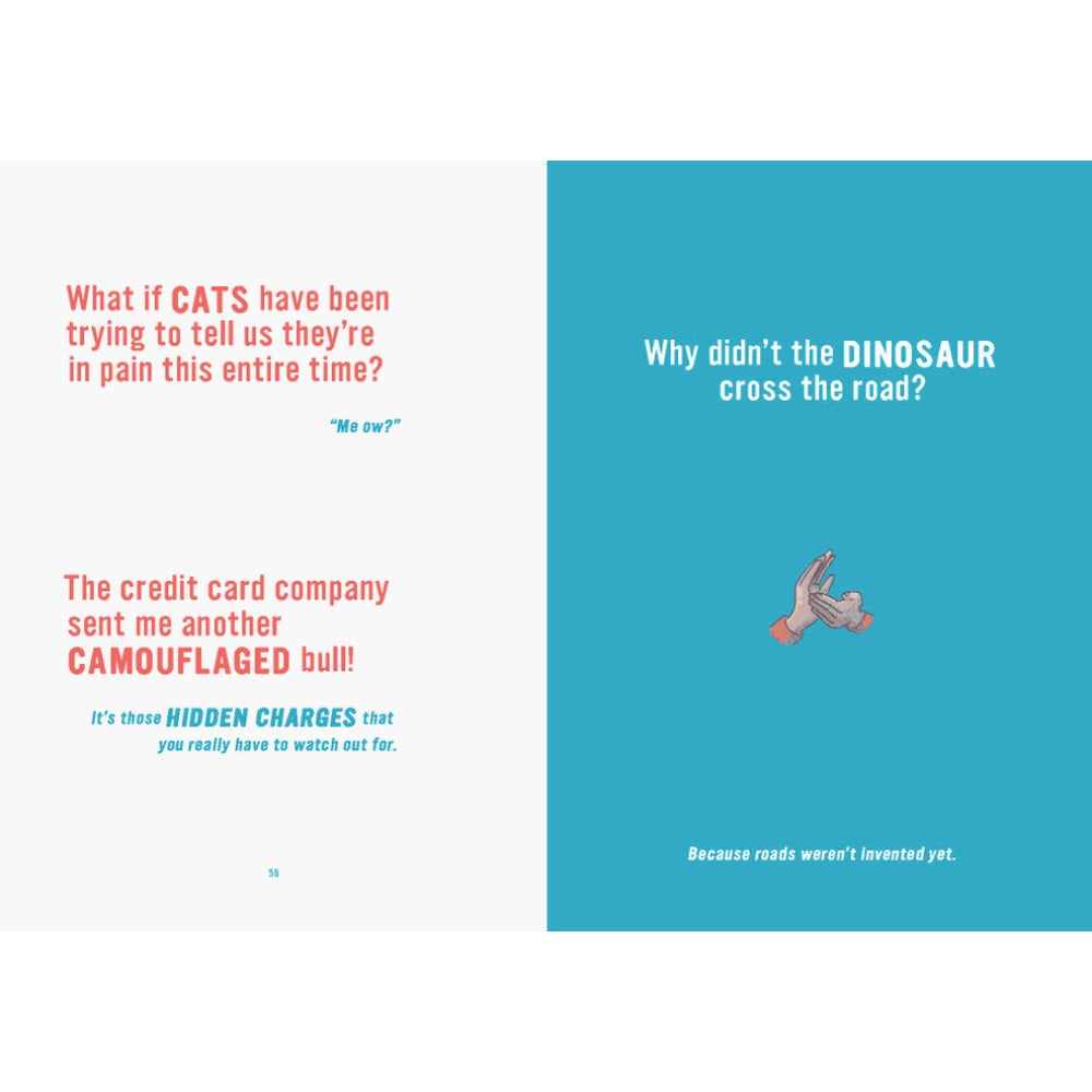 Two humorous text-based illustrations on a white background with blue square.