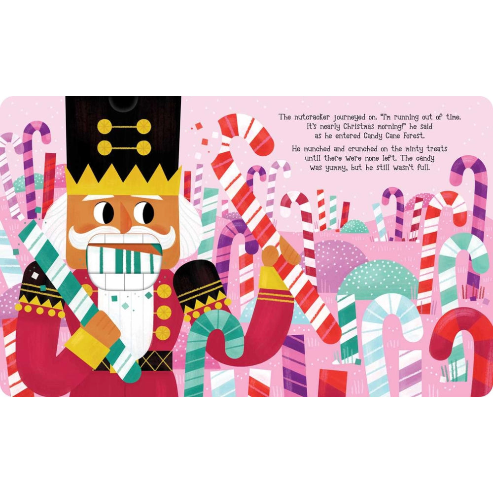 A children's book or illustrated print showing a festive holiday scene with a nutcracker surrounded by oversized candy canes and text on a light pink page.