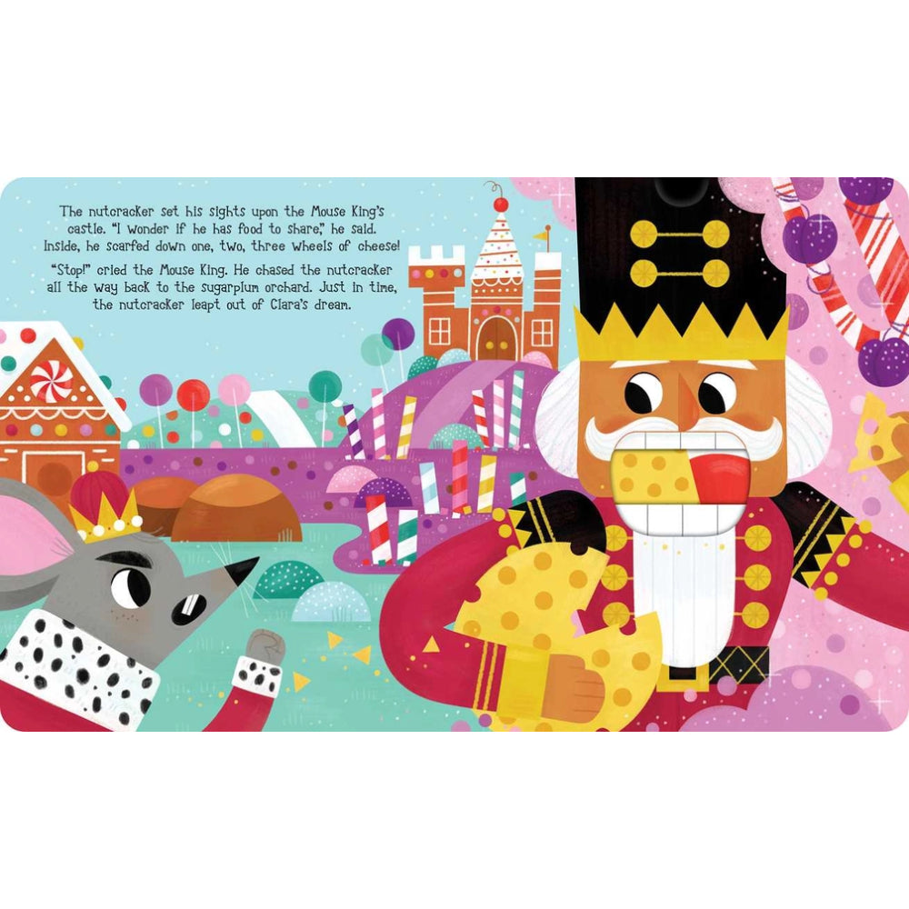 A colorful children's book or illustration page showing a nutcracker soldier holding a red heart, with a gray wolf on the left, a candy cane, and a whimsical festive background with text at the top left.
