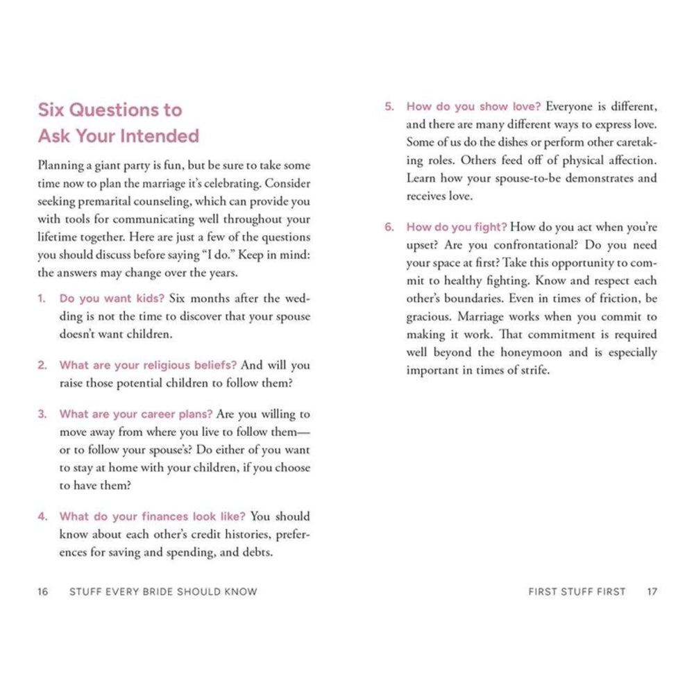 A printed informational page with two columns of text titled 'Six Questions to Ask Your Intended' on a white page, likely from a bridal guide or wedding planning booklet.