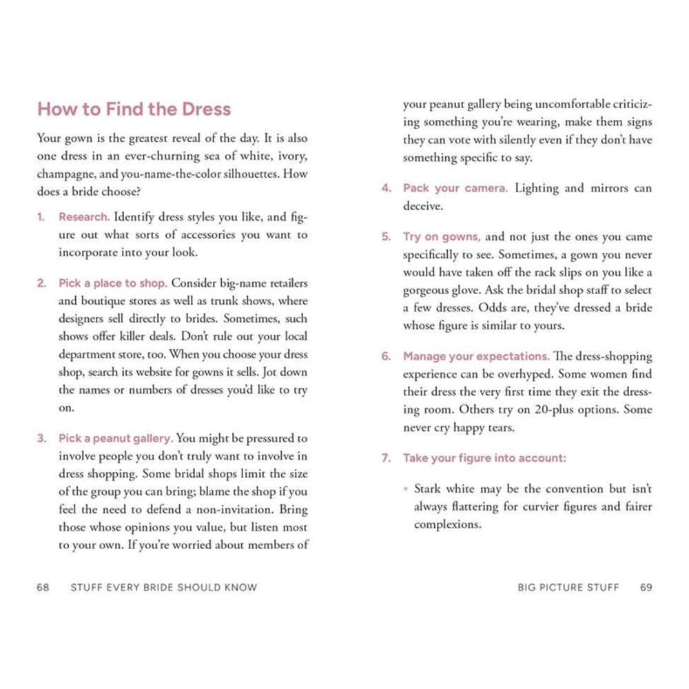 A two-page spread from a bridal guide or magazine, titled 'How to Find the Dress,' with text and numbered advice about choosing a bridal gown, including styling, shopping, and fitting tips.