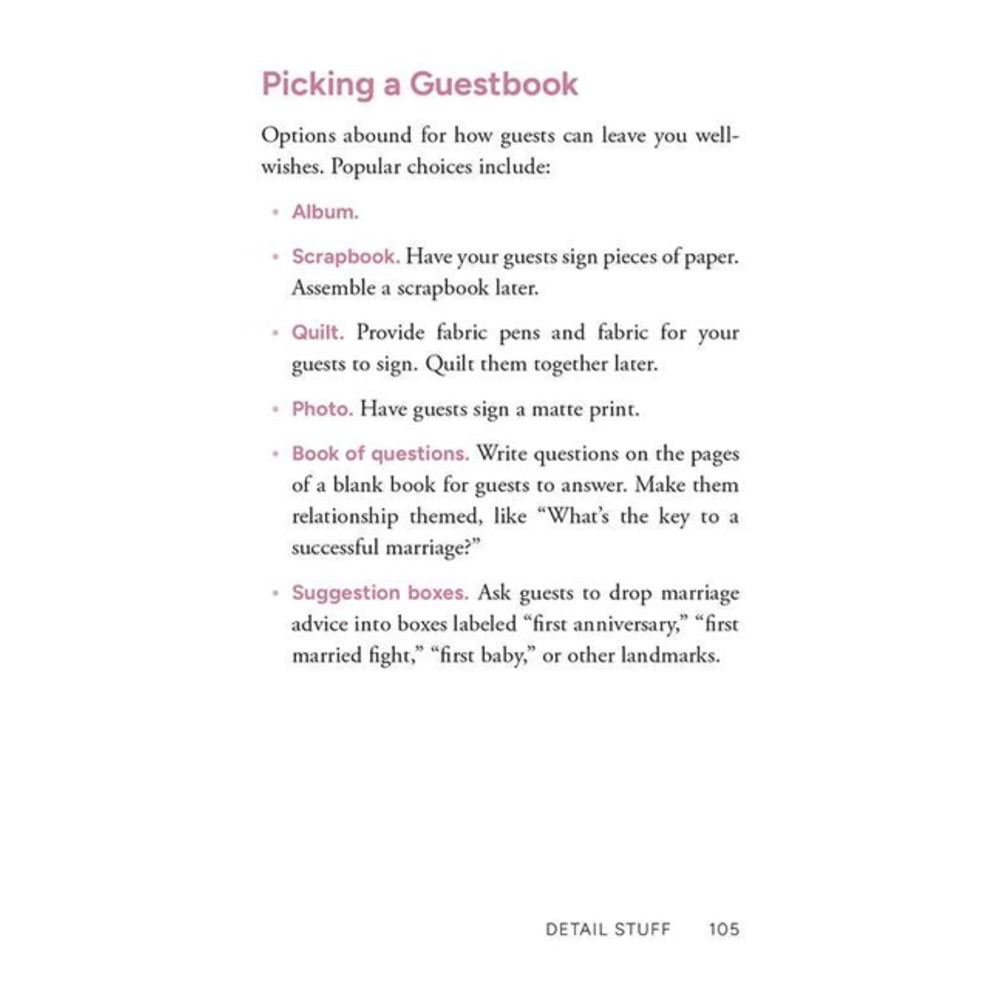 A printed informational page titled "Picking a Guestbook" with bullet points listing options such as album, scrapbook, quilt, photo, and book of questions. The page is mostly white with pink and black text.