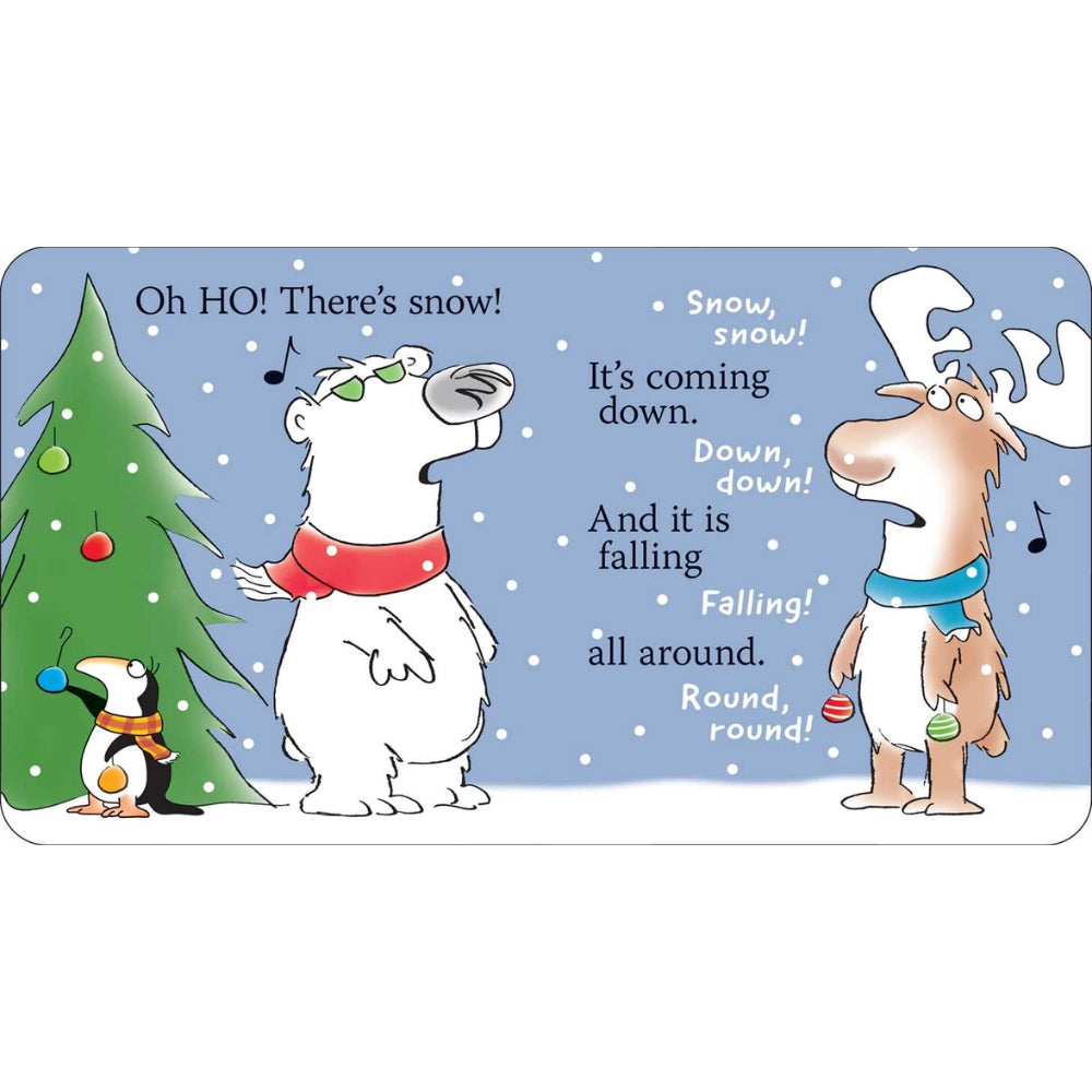 A rectangular Christmas-themed illustration with a light blue snowy background, featuring cartoon polar bears, a reindeer, and a penguin singing around a decorated tree. Text reads, 'Oh HO! There's snow! Snow, snow! It's coming down.