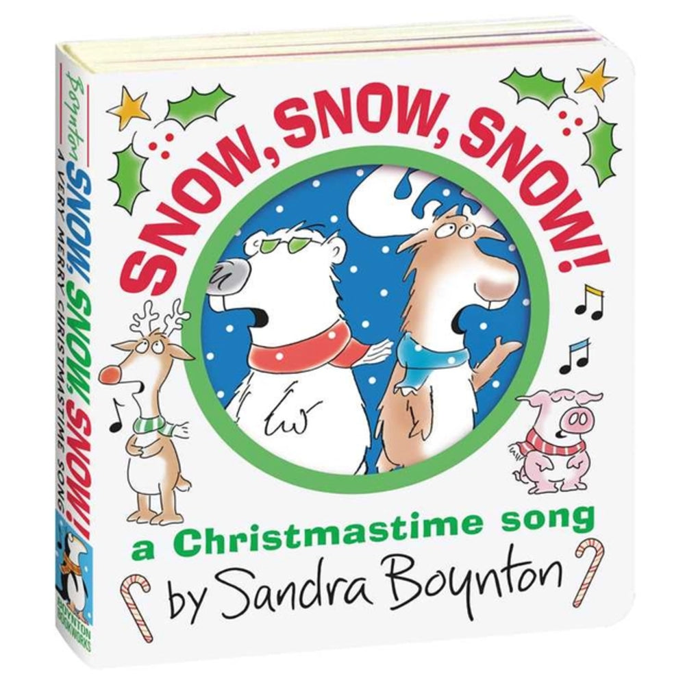 The front and spine of the children's board book 'Snow, Snow, Snow!' by Sandra Boyton, featuring a white cover with colorful Christmas illustrations including cartoon polar bears, a reindeer, a pig, and red snowball text.