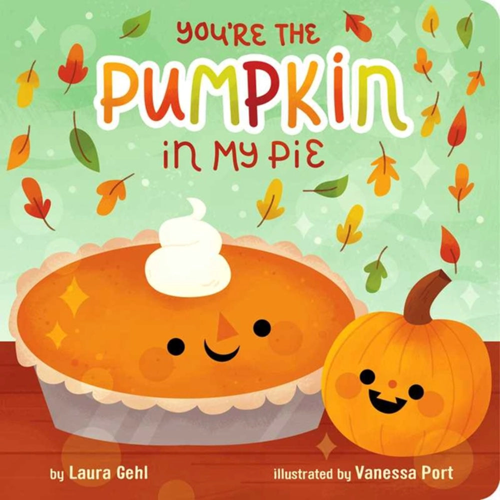 Children's book cover with a pumpkin pie and pumpkin, featuring colorful text and autumn leaves.