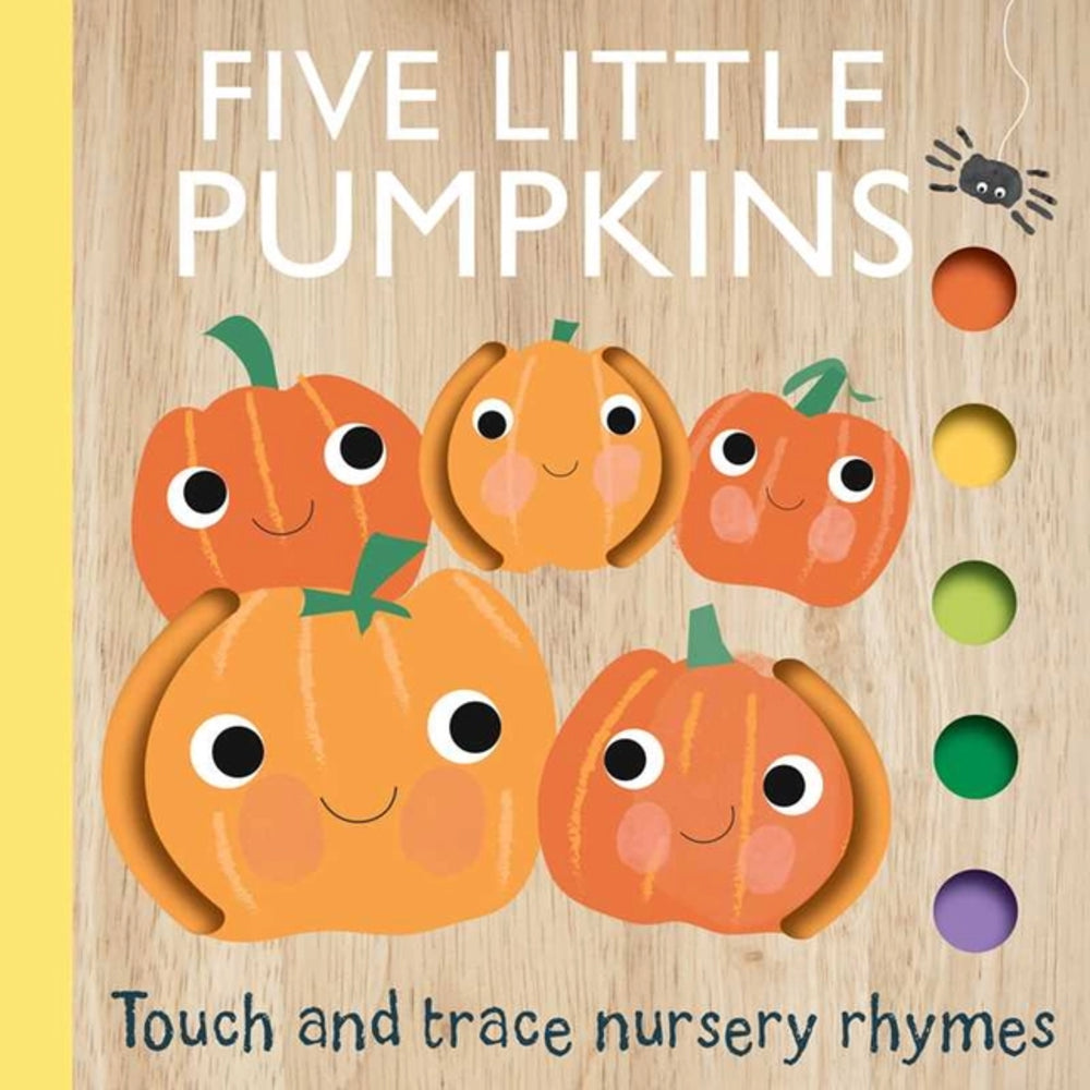 Book cover of 'Five Little Pumpkins' with pumpkins and colorful buttons on a wooden background