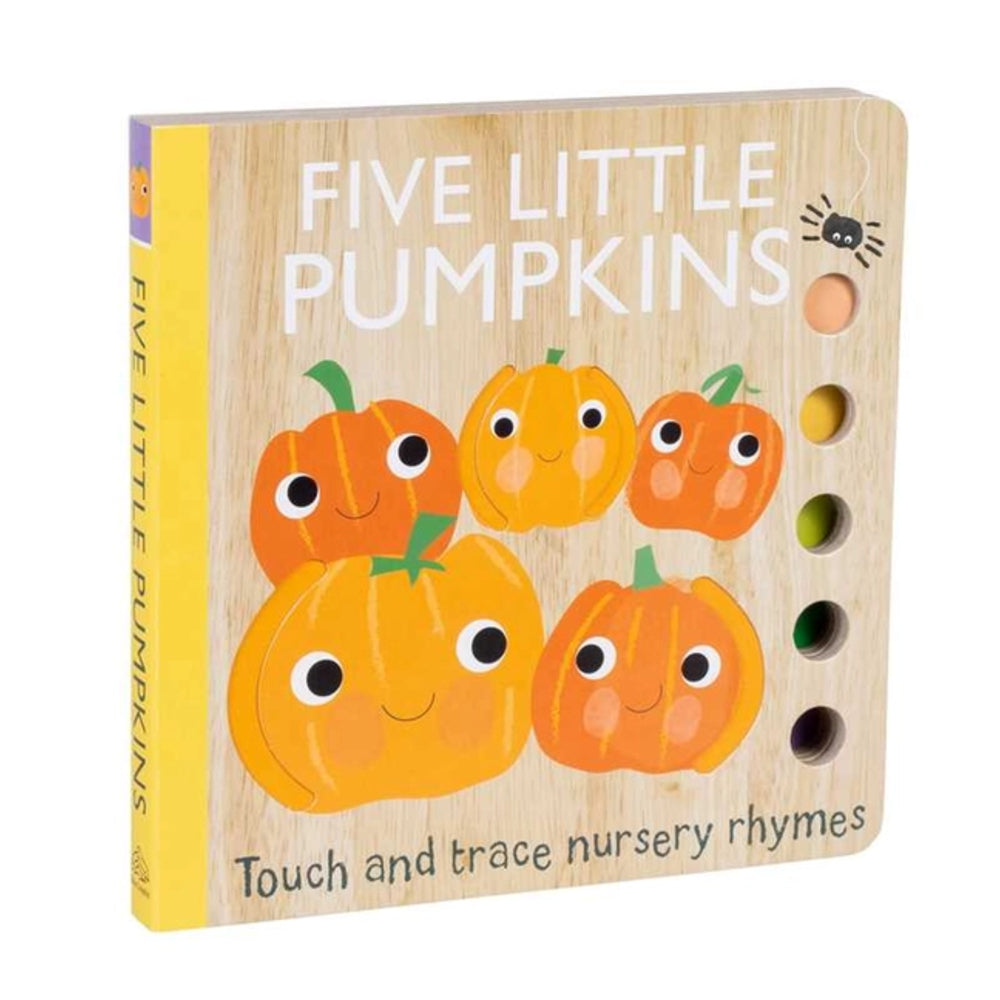 A wooden children's board book titled 'Five Little Pumpkins' with colorful cartoon pumpkins and touch-and-trace holes on the front cover, shown on a plain white background.