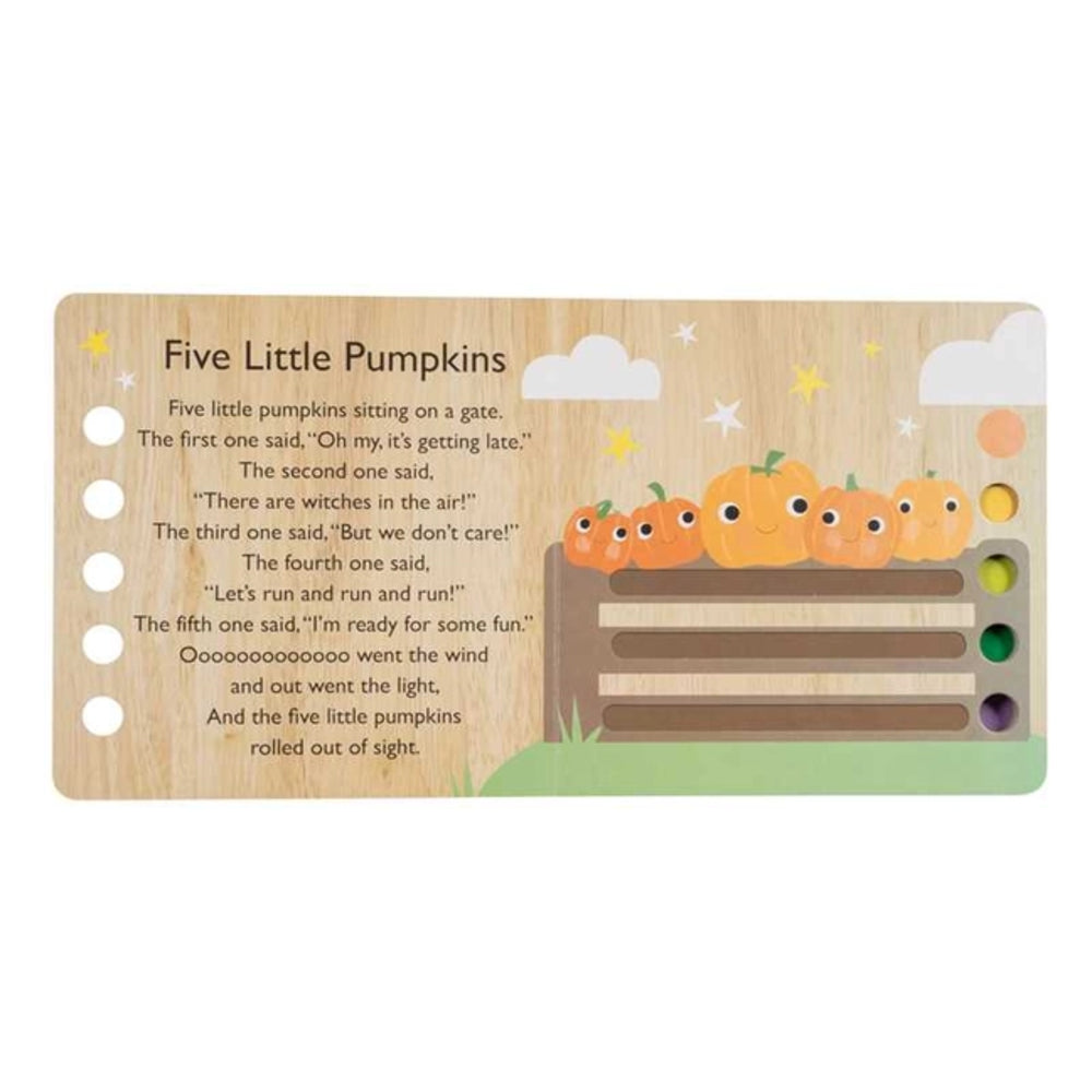 Wooden card with a poem about five little pumpkins and illustrations of pumpkins.