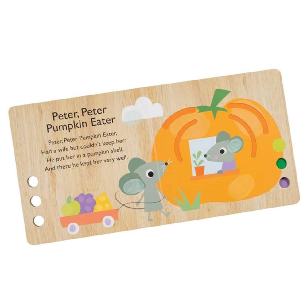 A wooden children's board book titled 'Peter, Peter Pumpkin Eater' with a printed story and illustrations of a mouse, pumpkin, and small cart on a light wood background.