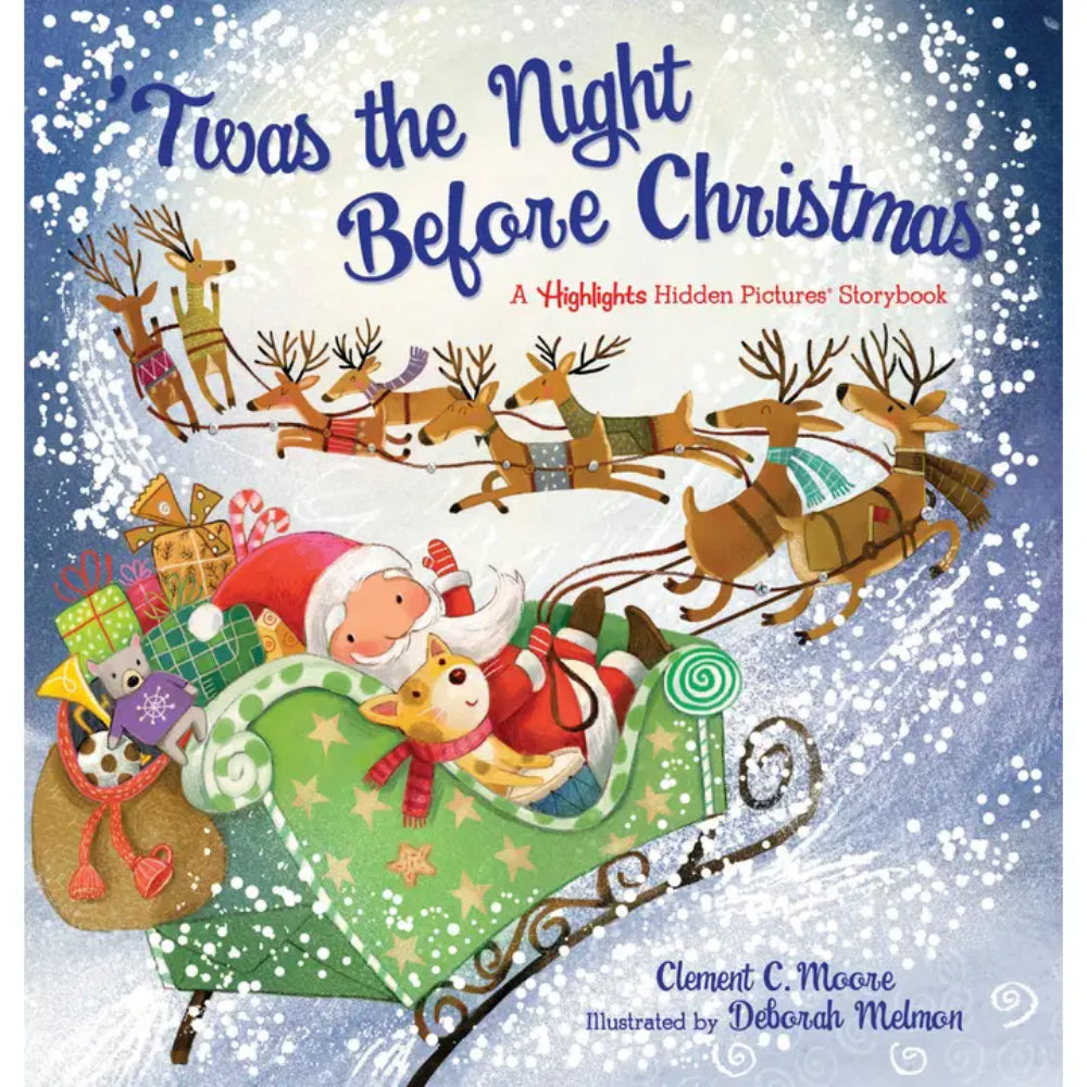 Book cover of 'Twas the Night Before Christmas with Santa and reindeer illustration