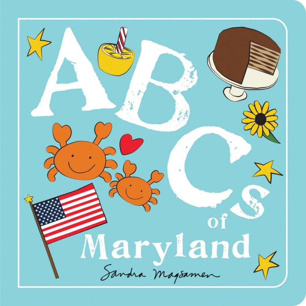 Book cover of 'ABCs of Maryland' with illustrations and text on a blue background