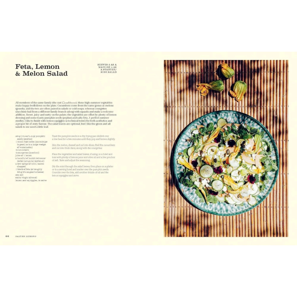 Feta, Lemon & Melon Salad on a plate with text on a white background