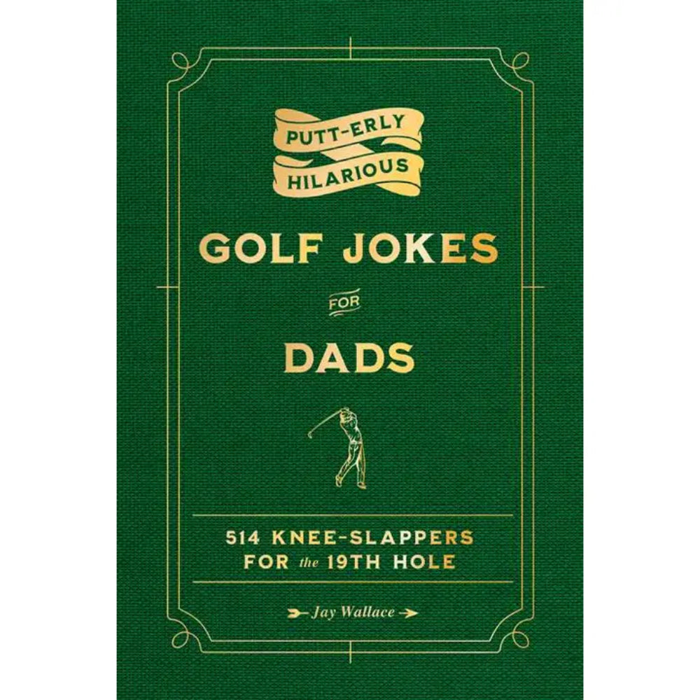 Book cover of 'Golf Jokes for Dads' with green background and gold text.