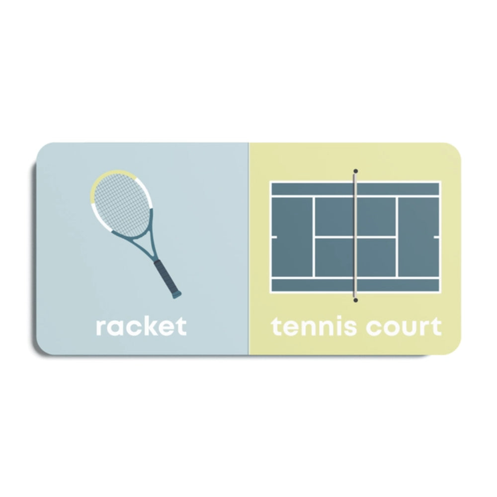 book with a racket on a blue background and a tennis court on a yellow background