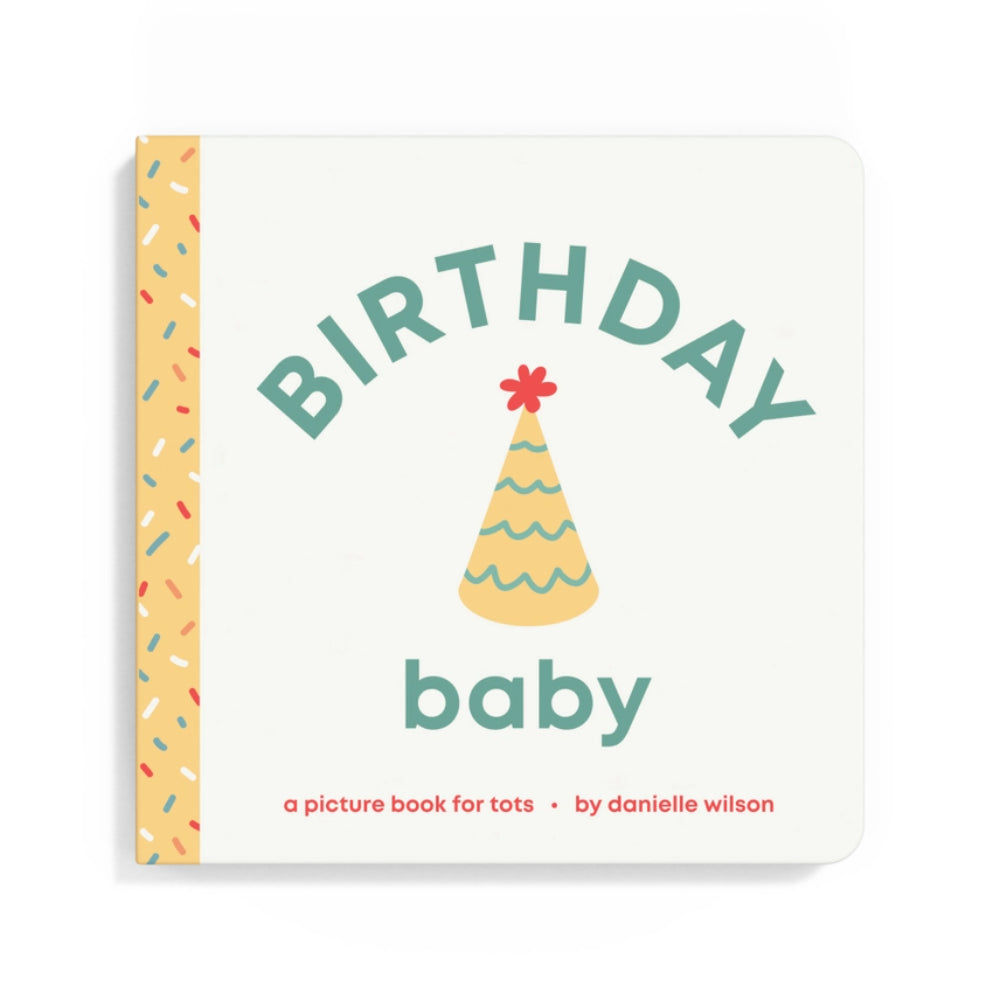 Cover of the 'Birthday Baby' board book showing the title and an illustration of a birthday hat with a single candle on top, against a white background with decorative patterns along the border.