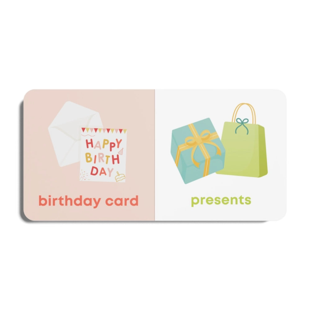 Children's book with illustrations of a birthday card and presents on a white background