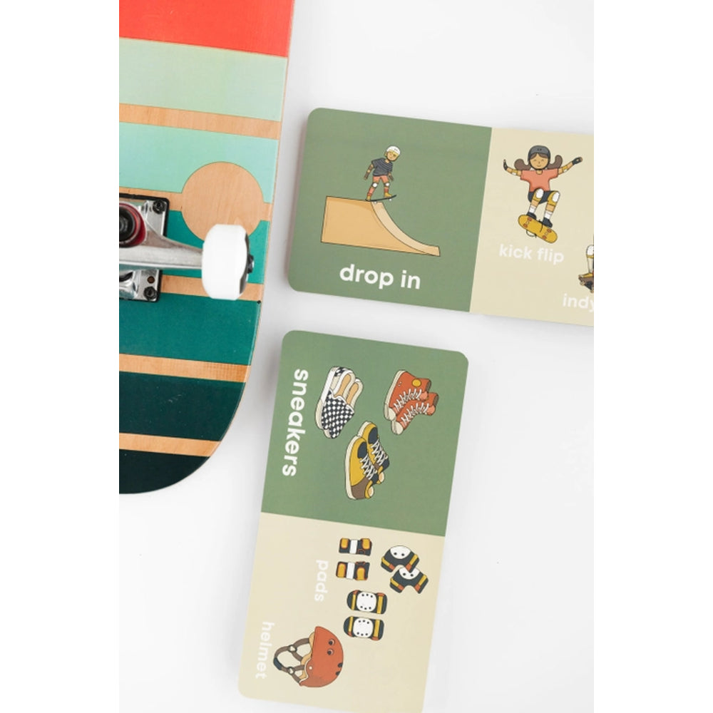 Skateboard with stickers and a deck on a white background