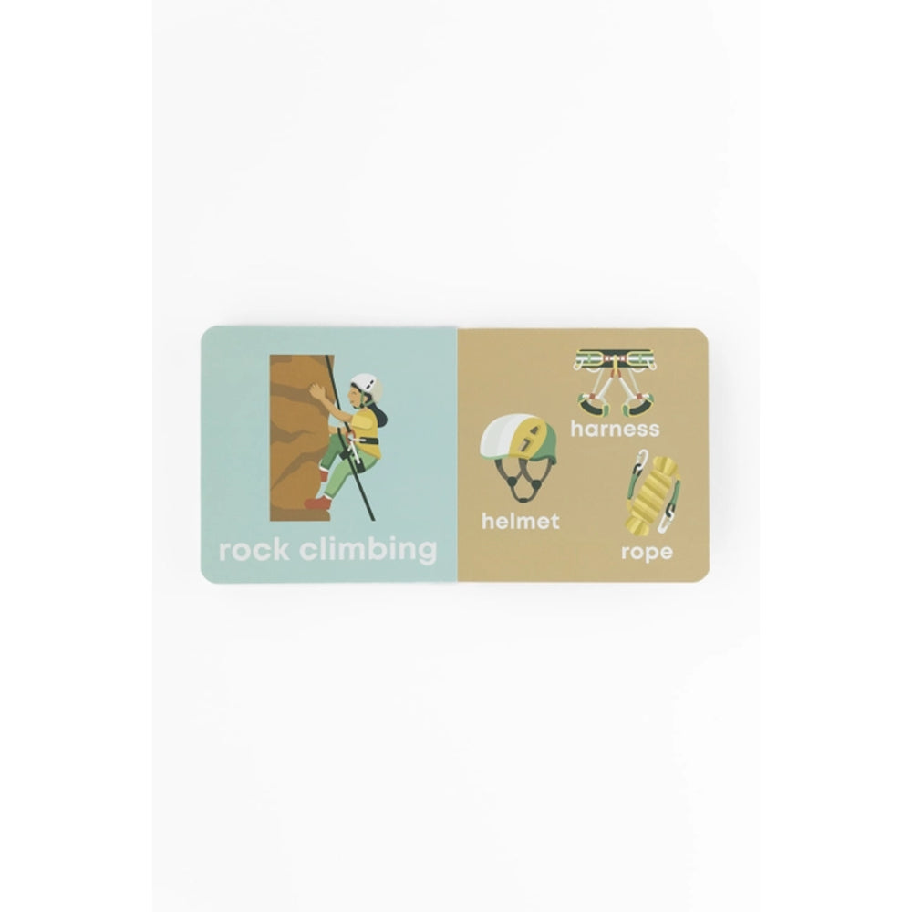 Educational book with illustrations of rock climbing equipment on a light blue and beige background