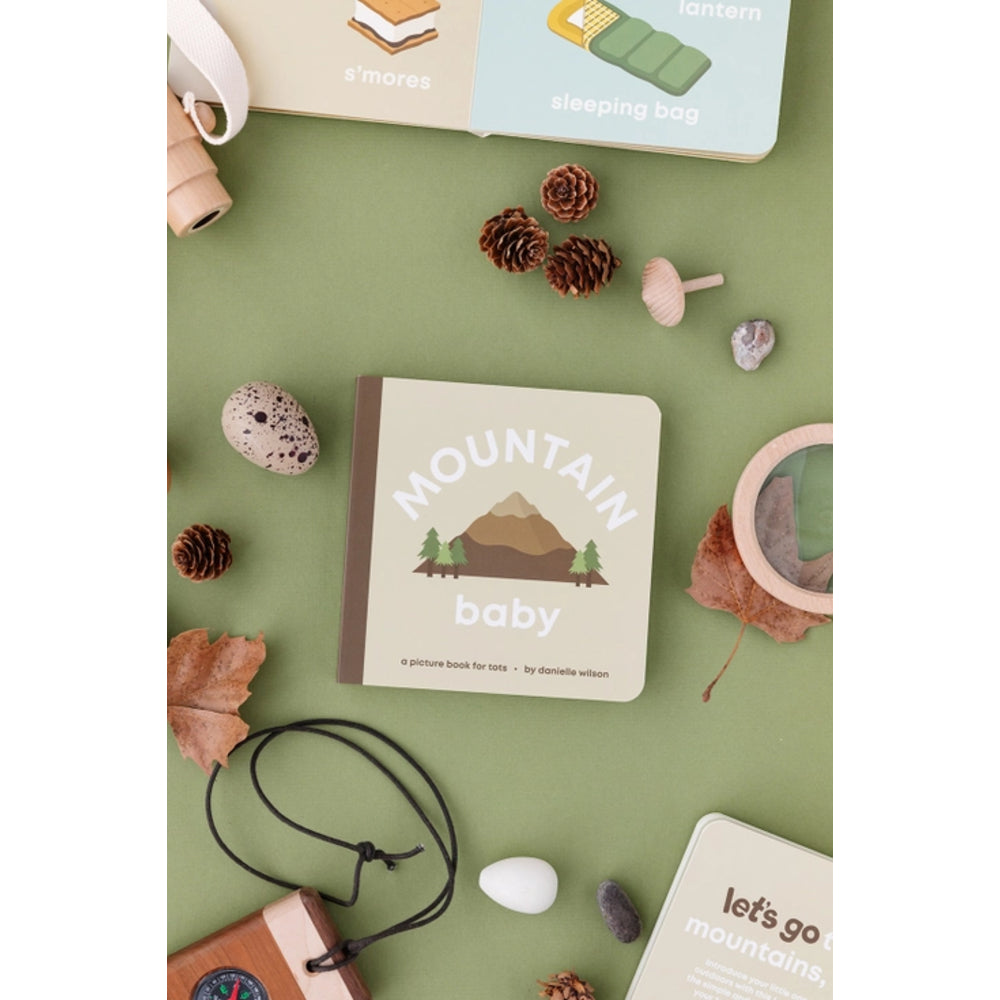book titled 'Mountain Baby' on a green surface with nature-themed items.