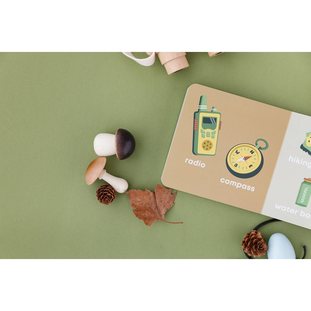 book with radio and compass illustration on a green surface with mushrooms and leaves