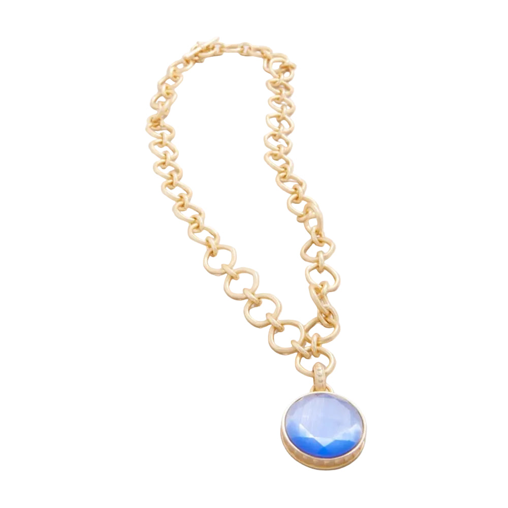 A gold chain necklace with a round pendant featuring a blue and white marbled pattern, set against a plain light background.