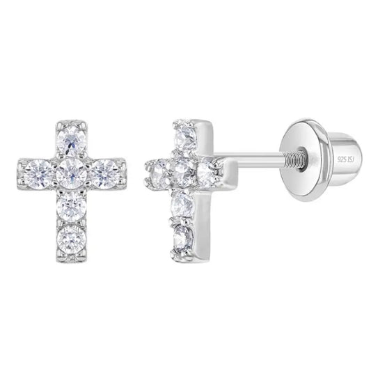 Children's Sterling Silver & CZ 7mm Cross Earrings