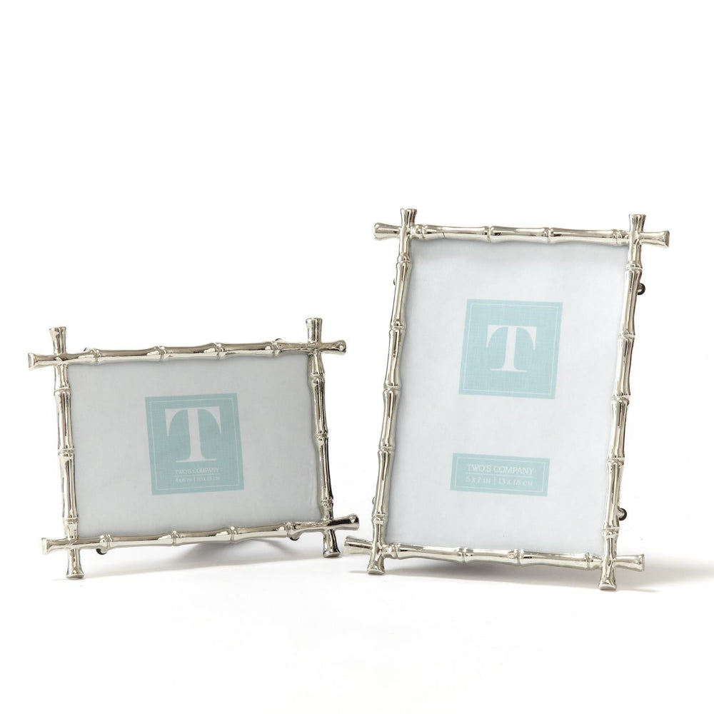 Two 4x6 & 5x7 silver bamboo picture frames with a  on a white background.