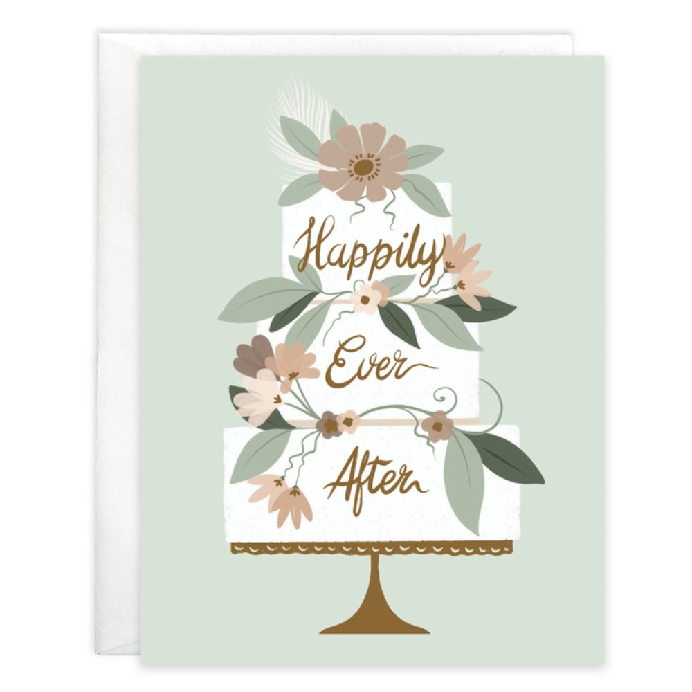 Wedding cake greeting card on gren card background. Text saying "happily ever after" 