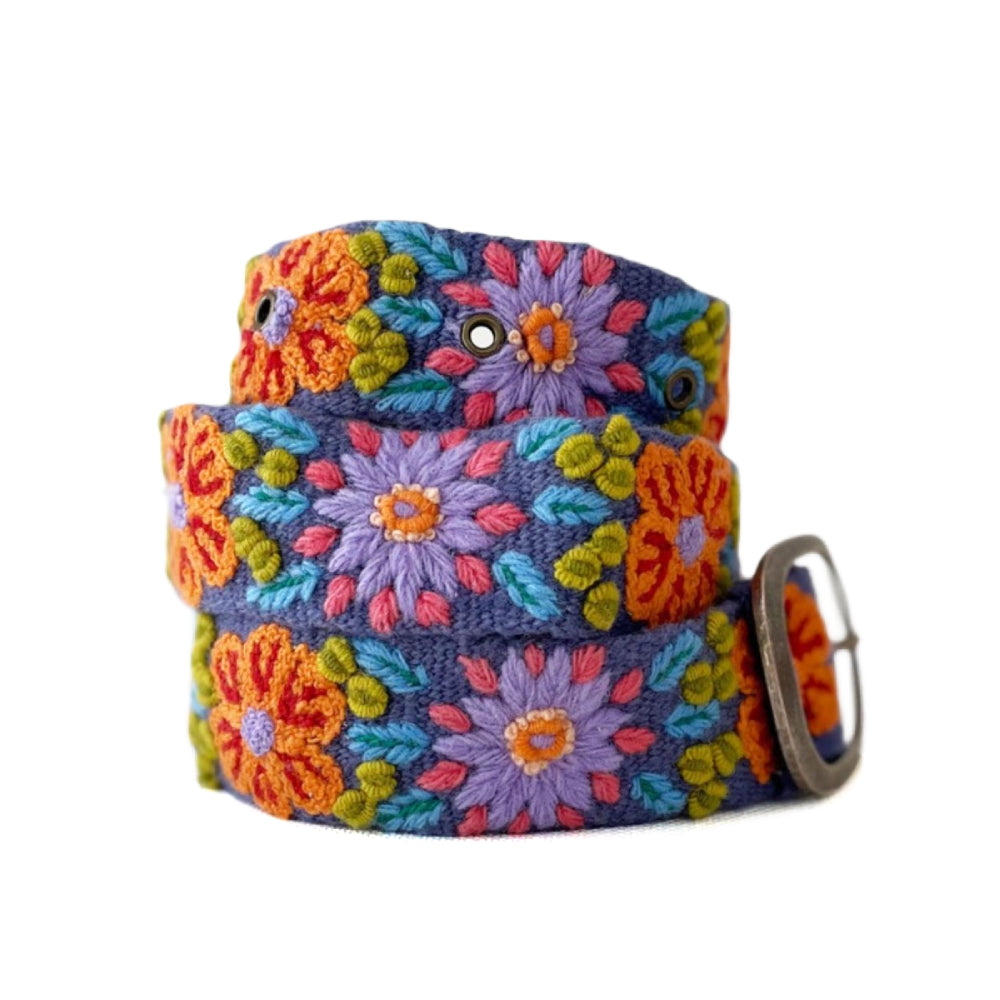 A colorful embroidered wool belt with a floral pattern and a metal buckle.