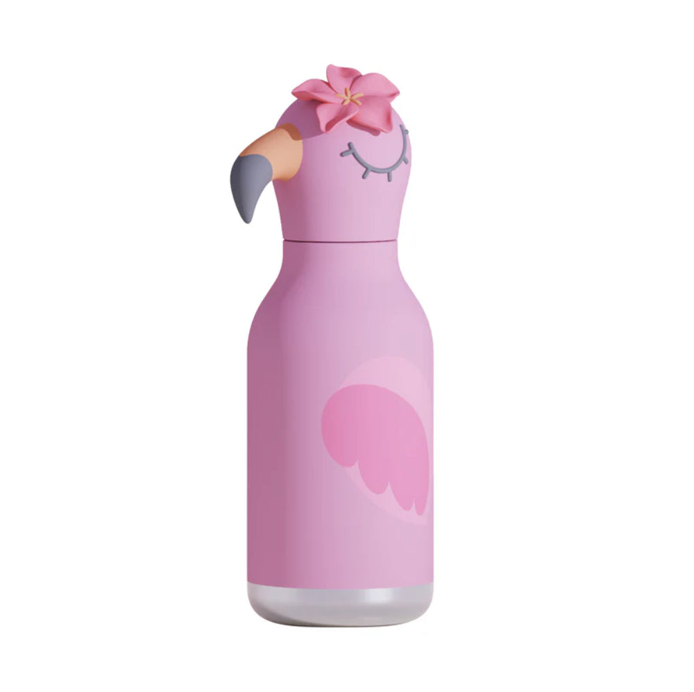Pink flammingo-shaped water bottle with a flower on a white background